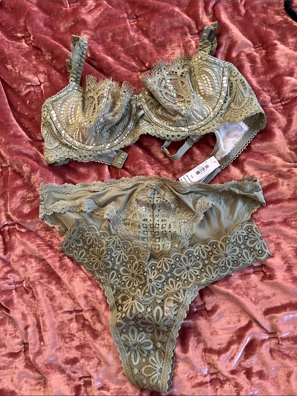 Victoria's Secret Olive Lace Underwire Balconette Bra & Lace Thong Set